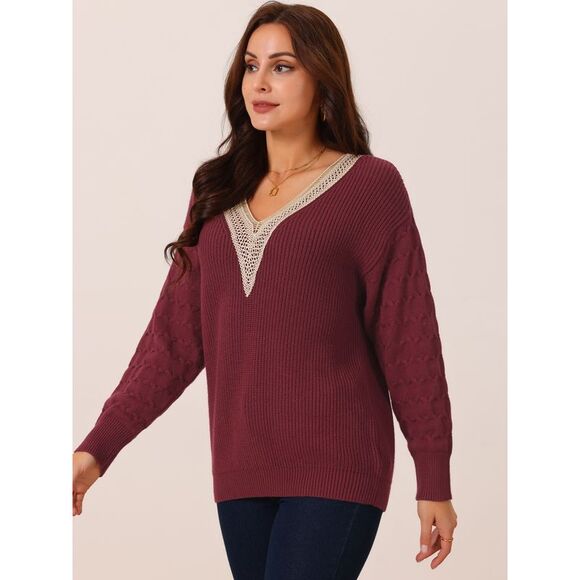Long Sleeve Lace V Neck Knit Winter Drop Shoulder Pullover Sweater Tops Wine Red - Picture 2 of 5